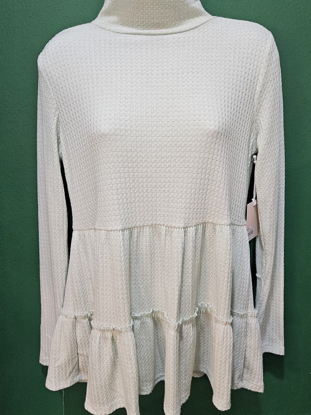 Mint Green Long Sleeve Tiered Waffle Knit Top